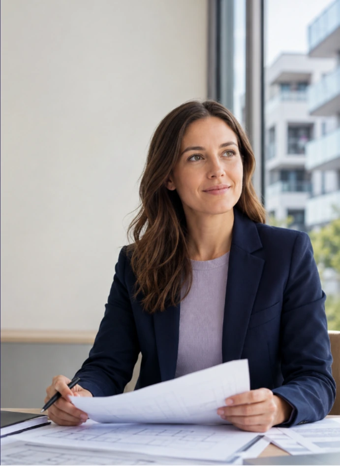 Mitarbeiterin bei der Prüfung von Immobilienunterlagen
